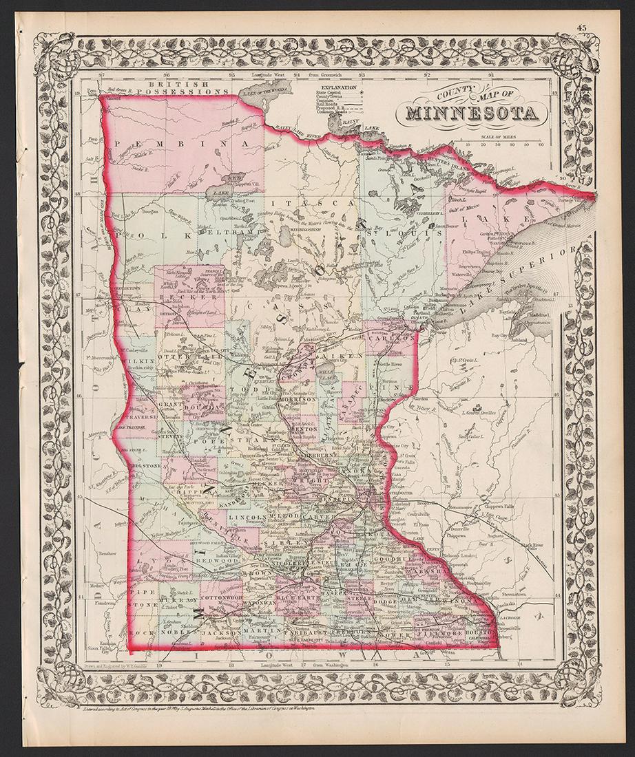 County Map of Minnesota from S. A. Mitchell, Jr. (1874) (1 of 4)