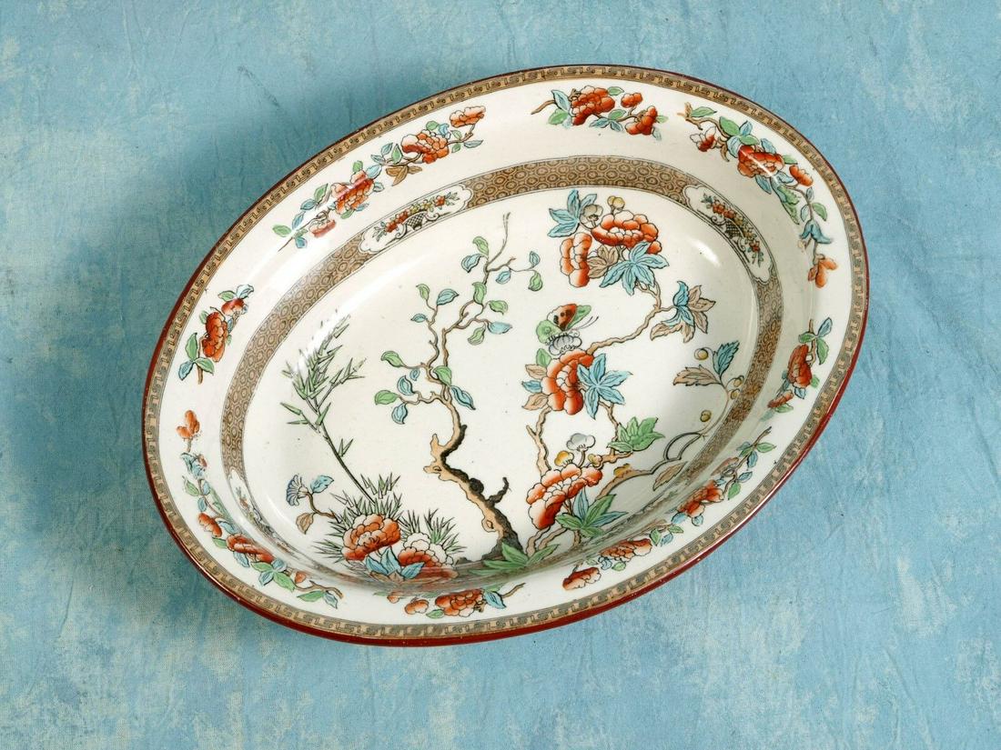 c. 1860 COPELAND Indian India Tree Green Rust Oval Open Vegetable Bowl Dish: This is an exceptional early open vegetable serving bowl made by William Taylor Copeland in famous Indian tree pattern. They had impressed Copeland mark, that dates the pieces between 1850 and 1866. T