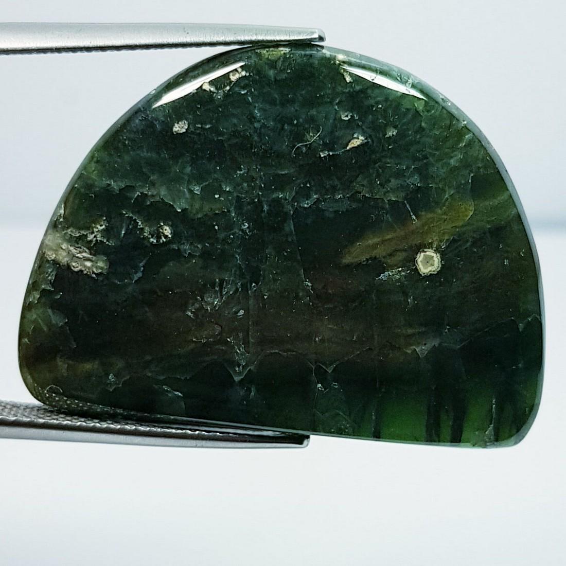 31.36 ctz Natural Occen Jasper: No Reserve! Title: 31.36 ctz Natural Occen Jasper Color/Clarity: Green / Opaque Gemstones: Occen Jasper Carat Weights: 31.36 Size/Dimensions: 32.85 x 24.27 x 4.41 Additional Info: Half Moon / Brazil S