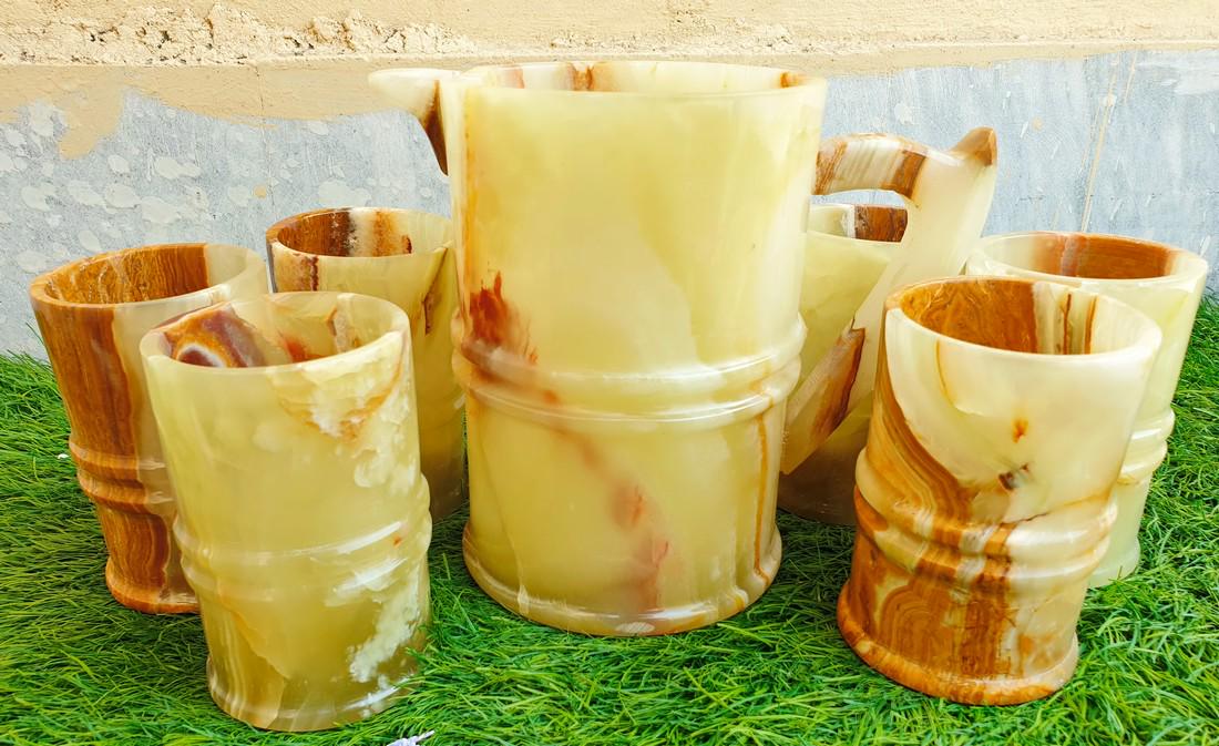 Natural & Unheated~ Green & Brown Onyx Green Tea With 12 Cups Set: Title: Natural & Unheated~ Green & Brown Onyx Green Tea With 12 Cups Set Description: Green Onyx Complet Water Set A Jag & 6 Glasses, Geode Water Set A center table display is the ideal place to enjoy