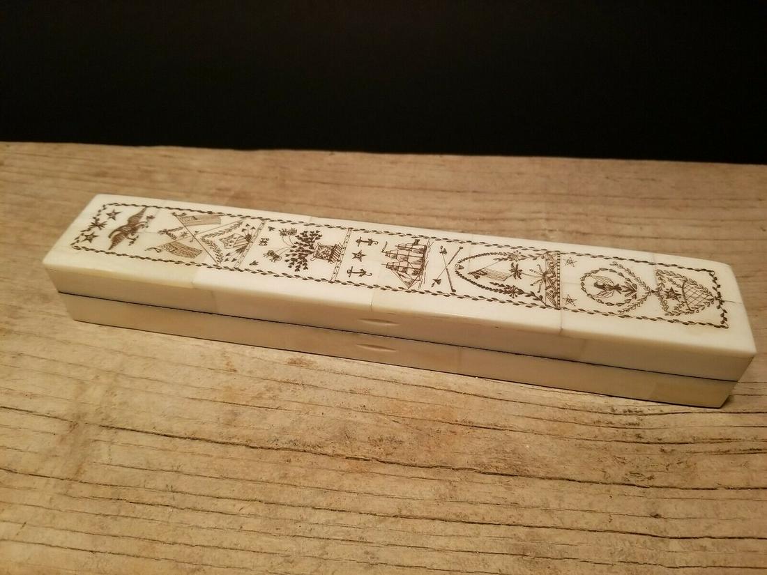 Americana Scrimshaw Etched Bone & Wood Box w Pen: Wonderful new reproduction scrimshaw carved bovine bone box. As you can see this piece is tiled with bone on wood and decorated with a design typical of the period. Nice felt interior bottom as you ca