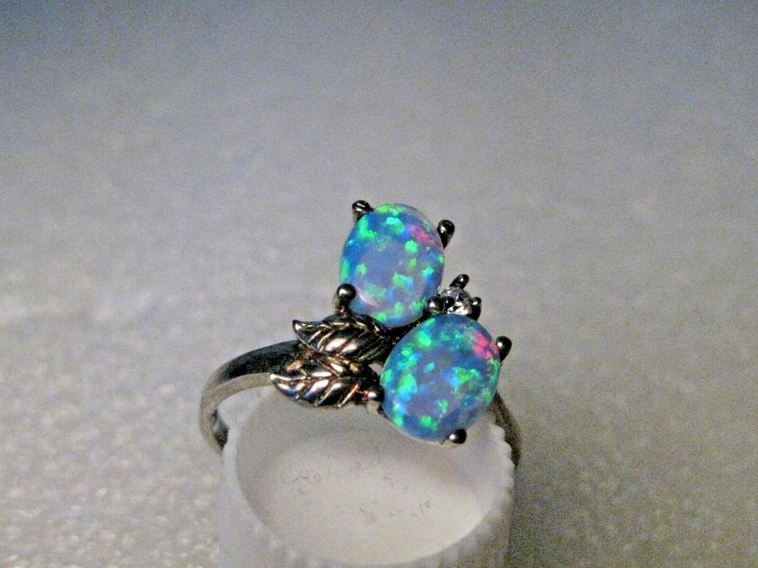 Sterling Plated Blue Fire Opal Ring, Created, Sz 8, Clear Stone, Leaf Accents (1 of 7)