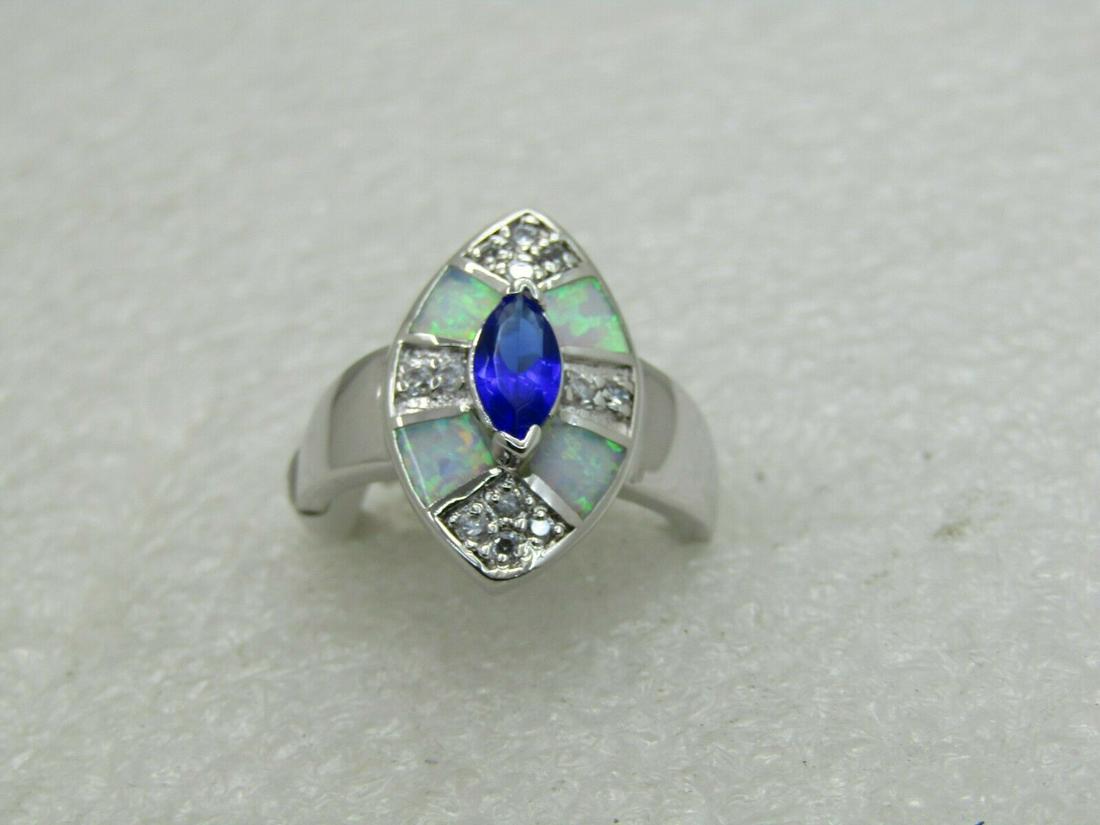 Simulated Opal, Sapphire Clear Stone Ring, Size 8, Inlaid, Pointed, Silver Tone (1 of 7)