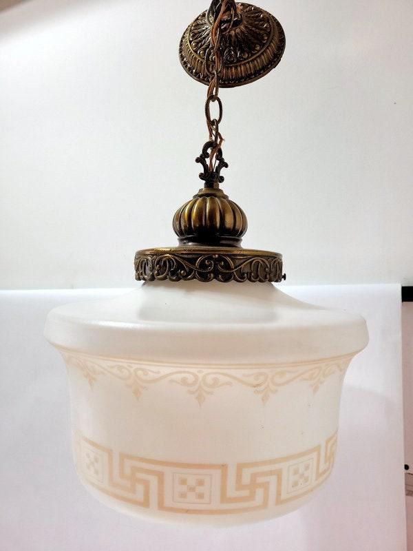 Art Deco Greek Key Ceiling Light Glass Globe Hanging Chain Pendant Lighting: Vintage from the 1940s Materials: Glass, metal Width: 14 inches Height: 20 inches Depth: 14 inches Description Art Deco Greek Key Ceiling Light Glass Globe Hanging Chain Pendant Lighting Beautiful Lar