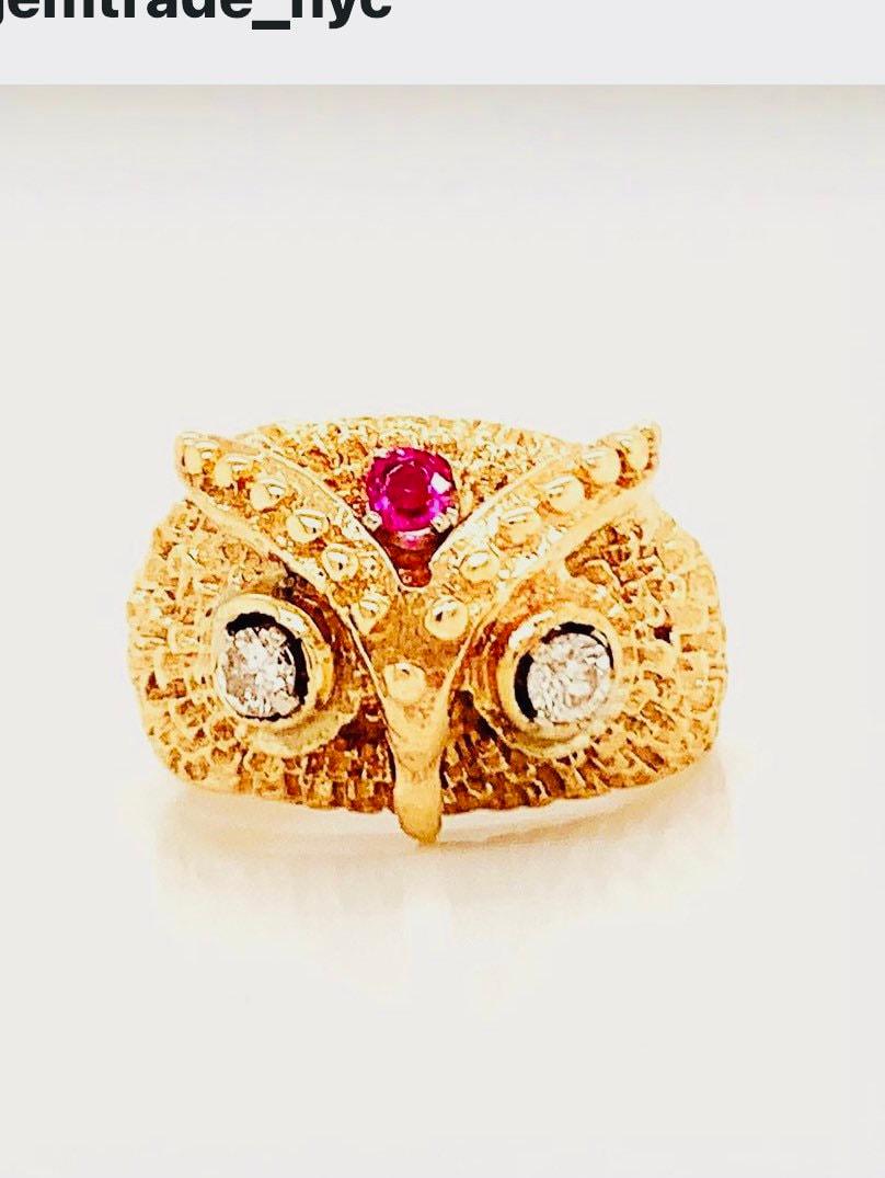 Vintage 14k yellow gold diamond Ruby owl ring (1 of 9)