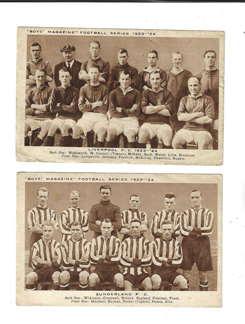 1923 Two English Football Soccer Team Pictures: Boys Magazine Football Series 1923-24 cards showing teams of Liverpool and the other of Sunderland. Fine, each measures 5.5 x 3.5". Reserve: $30.00 Shipping: Domestic: Flat-rate of $5.00 to anywhere w