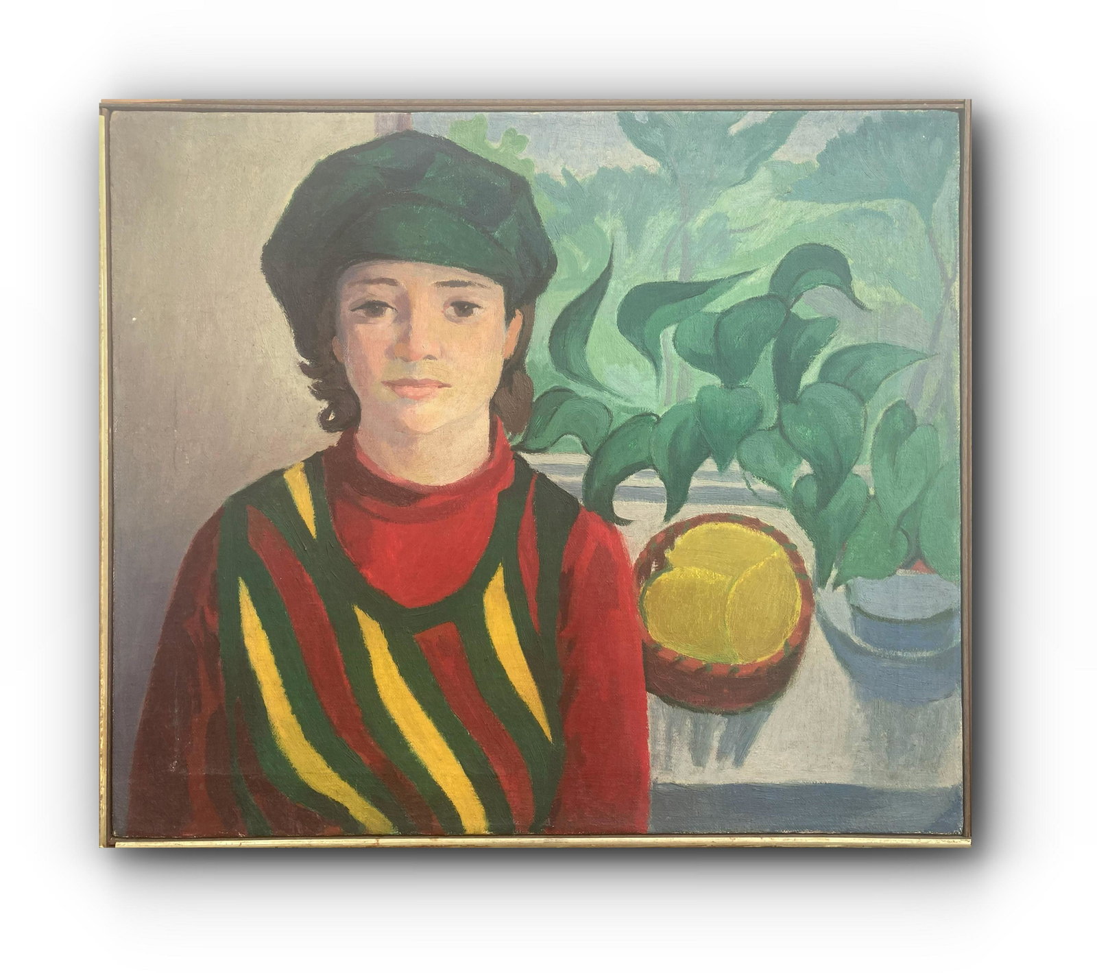 August Mosca Girl with Green Hat (celebrated New York artist - Framed Mid-Century Painting): Girl with Green Hat (celebrated New York artist - Framed Mid-Century Painting). A charming oil by a notable New York painter with a long record of accomplishment, beginning with a superb art education