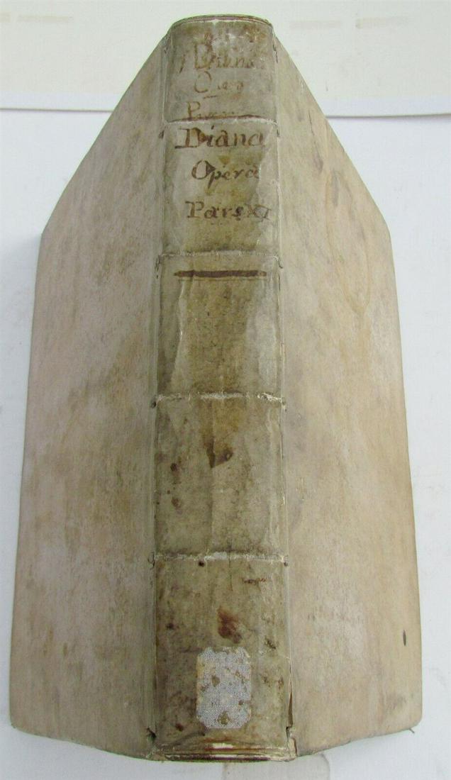 1678 VELLUM BOUND ANTIQUE FOLIO Antonini Diana Panormitani Resolutiones Morales: Antonini Diana Panormitani… Resolutiones Morales. Venice, 1678. Size 13 x 9.5". Folio. Period vellum, title to spine in manuscript. Some toning on the pages. Ex-library. (23) Reserve: $265.99 <