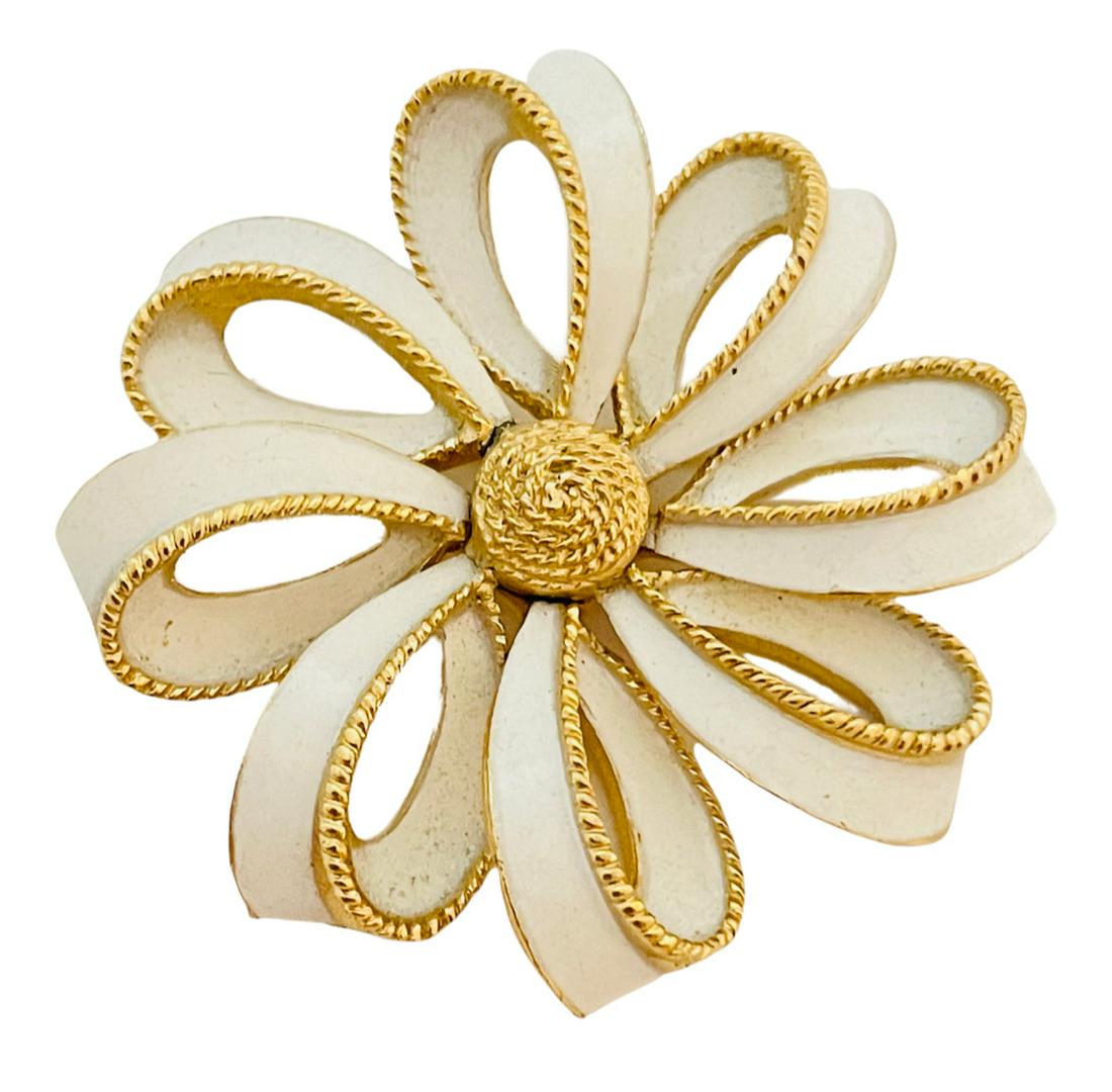 Vintage TRIFARI gold enamel flower designer runway brooch: Details: Signed TRIFARI gold tone with enamel vintage designer runway brooch MEASUREMENTS: CONDITION: excellent vintage condition with minimal signs of wear Reserve: $56.00 Shipping: Domestic: Flat-ra