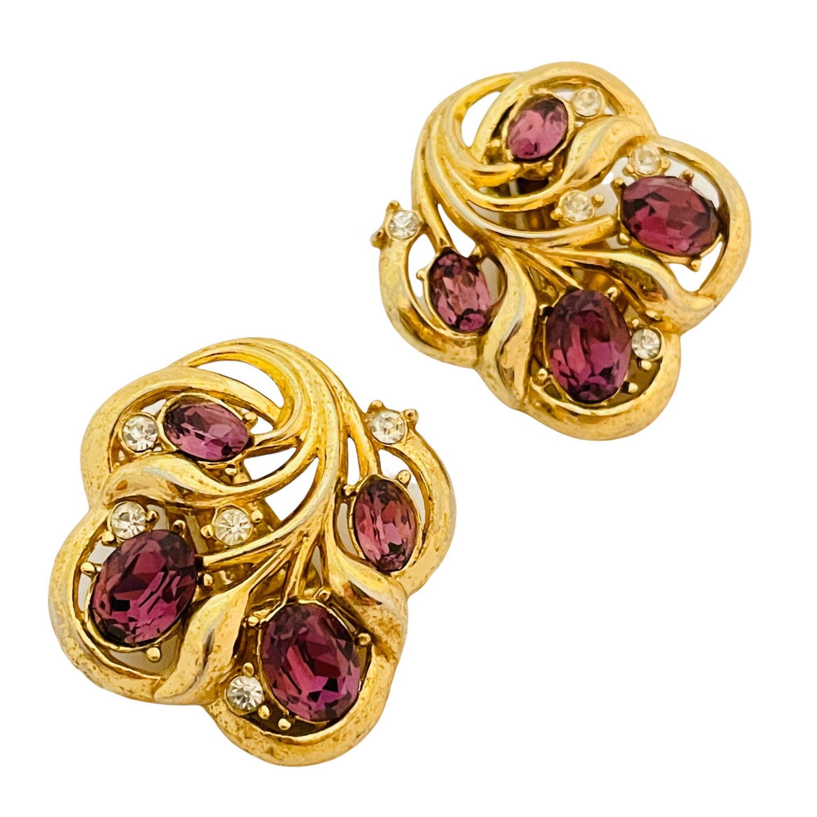 Vintage TRIFARI crown gold plated amethyst rhinestone clip on designer earrings (1 of 4)