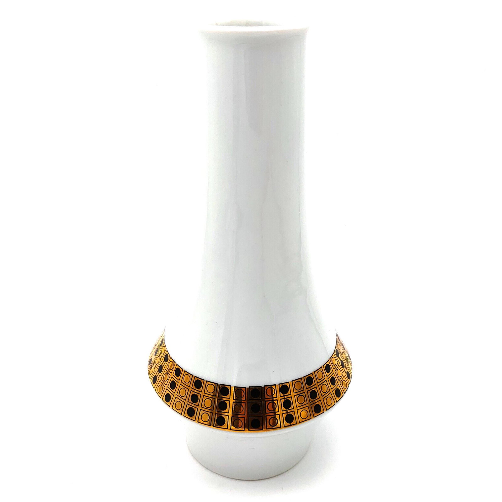 Royal Dux - Brussels Style Vase: Title: Royal Dux - Brussels Style Vase Date/Period: 1970-1992 Dimension: height 24 cm Materials: porcelain with glaze Provenance: White Art Deco/Brussels vase with black and gold beads, model number 1