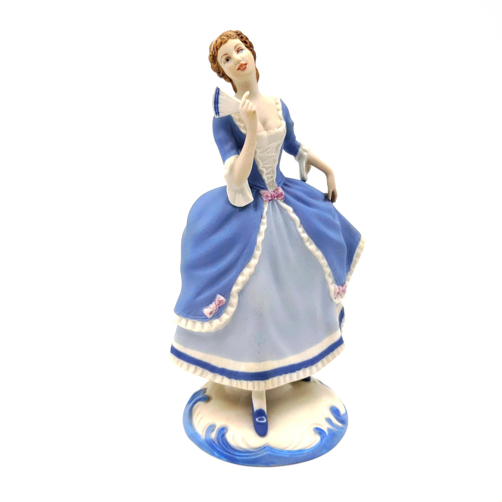 Royal Dux - Lady with Fan II: Title: Royal Dux - Lady with Fan II Date/Period: 1970-1992 Dimension: height 20,5 cm Materials: coloured biscuit porcelain Provenance: Lady with brown hair and fan in Rococo style, decor Pastel 2, sig