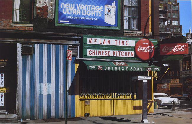 Offset Print Poster - John Baeder - Lan Ting - 1982 OK Harris - Street Scape: Rare Poster of/after a painting by John Baeder, the iconic American painter best known for his detailed paintings of American roadside diners and eateries. Technique: Offset Poster. Date: 1980s. Place
