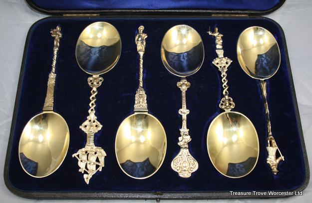 Cased Set of Six Silver Gilt Apostle Serving Spoons 1895 (1 of 7)