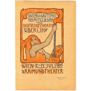 Art Nouveau poster - Emil Orlik lithography - Raimund Theater in Wien from 2 - 14 July 1899.: Title: Ensemble Gastspiel von Mitgliedern des Deutch en Theater zu Berlin (Ensemble guest performance by members of the Deutchen Theater zu Berlin). Wien 2-14 Juli 1899. Raimund Theater. Media: color