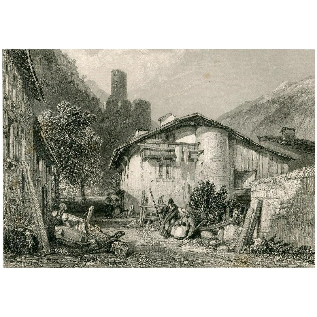 Martigny (Valais), Switzerland - Antique print, 1833: Martigny (Valais), Switzerland - Antique print Engraver: John Cousen (1804-1880). Artist: after James Duffield Hareding (1798-1863). Description: Street view in a village, with two figures resting by