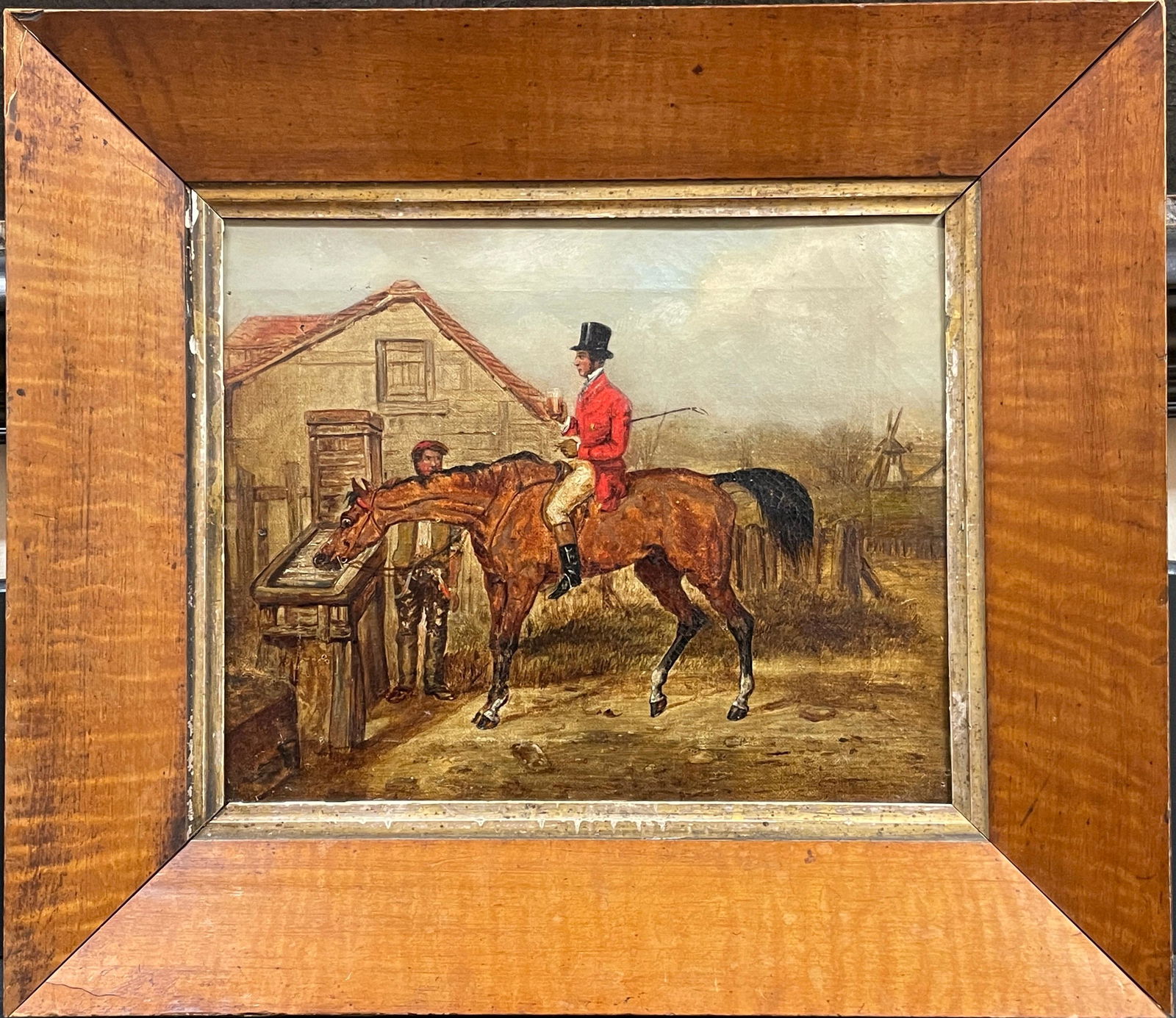 1840's English Hunting Oil Painting Huntsman on Horse Pausing for Refreshments c. 1840's: Pausing for Refreshments English School, circa 1840's circle of Henry Thomas Alken (British 1785-1851) oil painting on canvas, framed framed: 15 x 17 inches condition: overall very good for its age, t