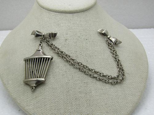 Vintage Bird in Cage & Bows on Chain Brooch, Mid-Century, 6" (1 of 7)