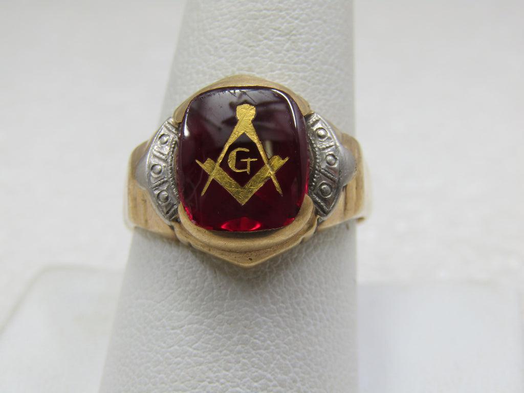 Vintage 10kt Masonic Ring, Created Ruby, Sz. 9.25, Signed IOFX, Two-Tone (1 of 5)