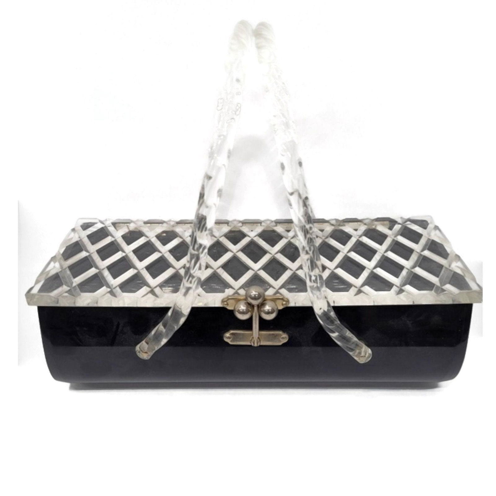 Vintage Miami Lucite Handbag Purse Diamond Pattern Black Clear (1 of 10)