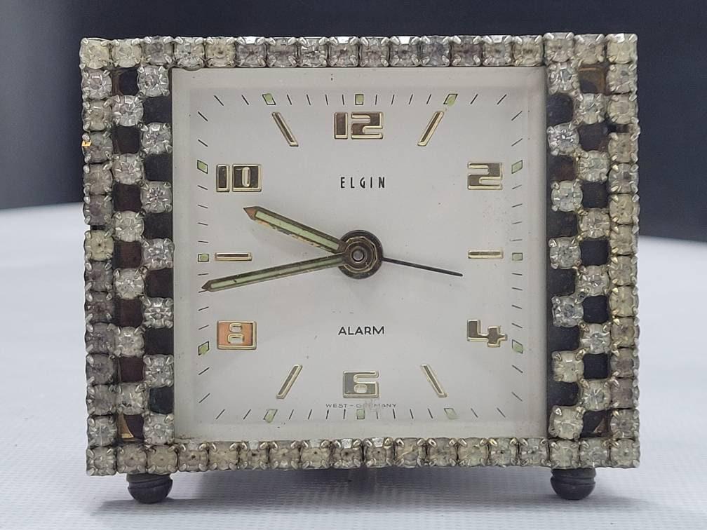 Vintage Elgin Rhinestone Alarm Clock Faux Diamonds Table Art Portable Mid Century Hollywood Regency (1 of 9)