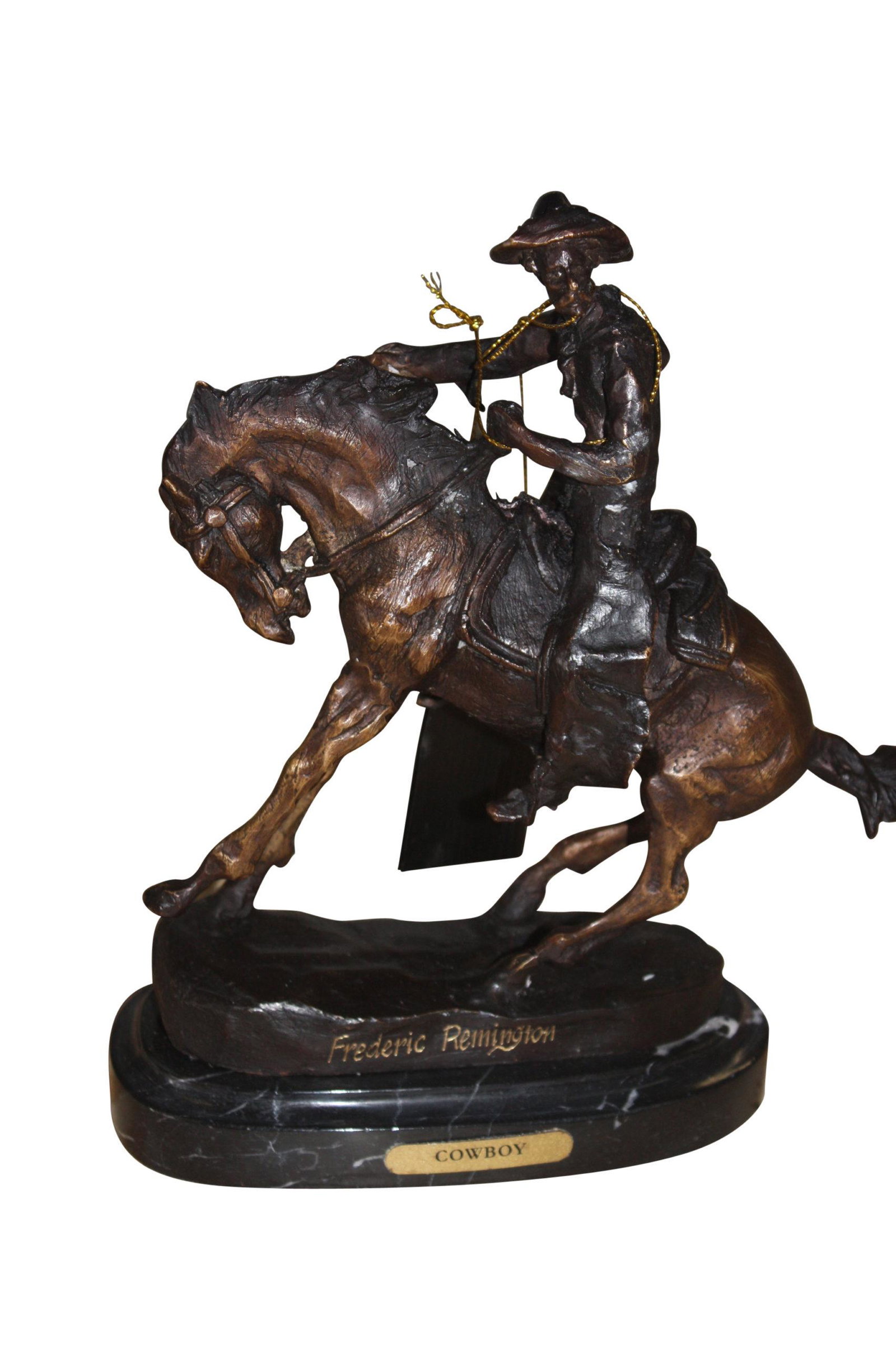 Remington Cowboy on marble Bronze Statue – Size: 10″L x 3.5″W x 10″H. (1 of 12)