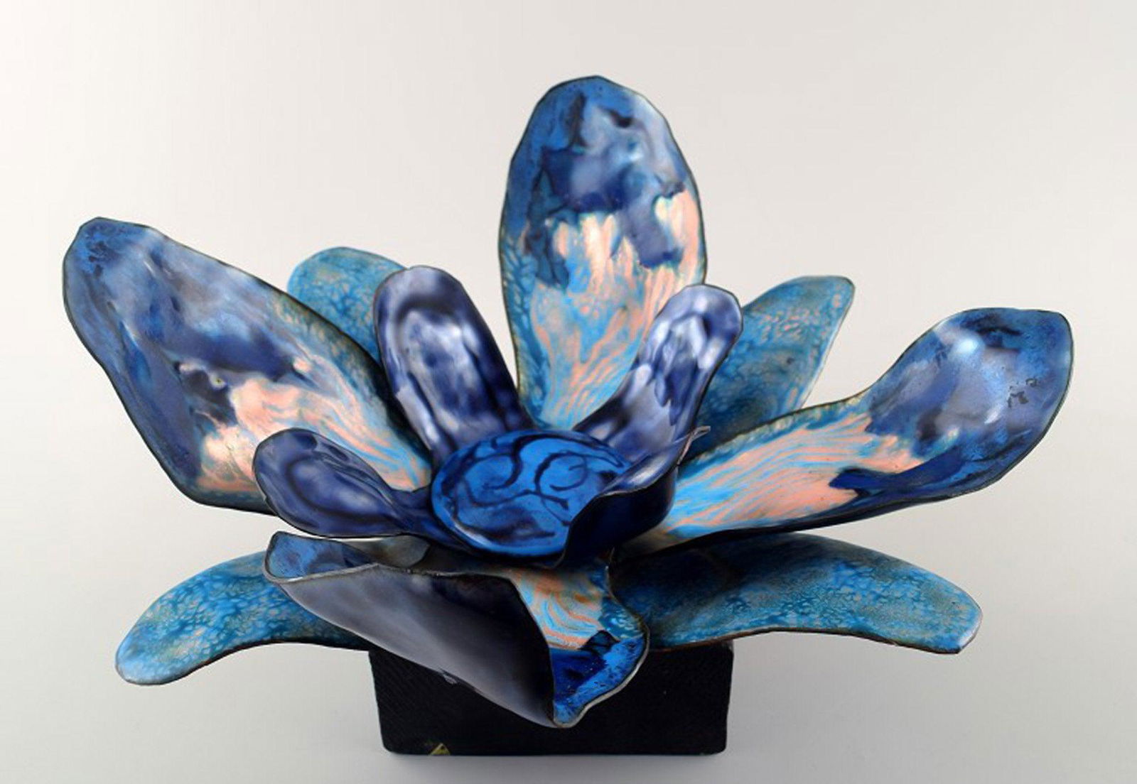 Bodil Eje (1932-2006). Unique sculpture of polychrome enameled copper plates, wooden base.: Title: Bodil Eje (1932-2006). Unique sculpture of polychrome enameled copper plates, wooden base. Description: Bodil Eje (1932-2006). Unique sculpture of polychrome enameled copper plates, wooden base