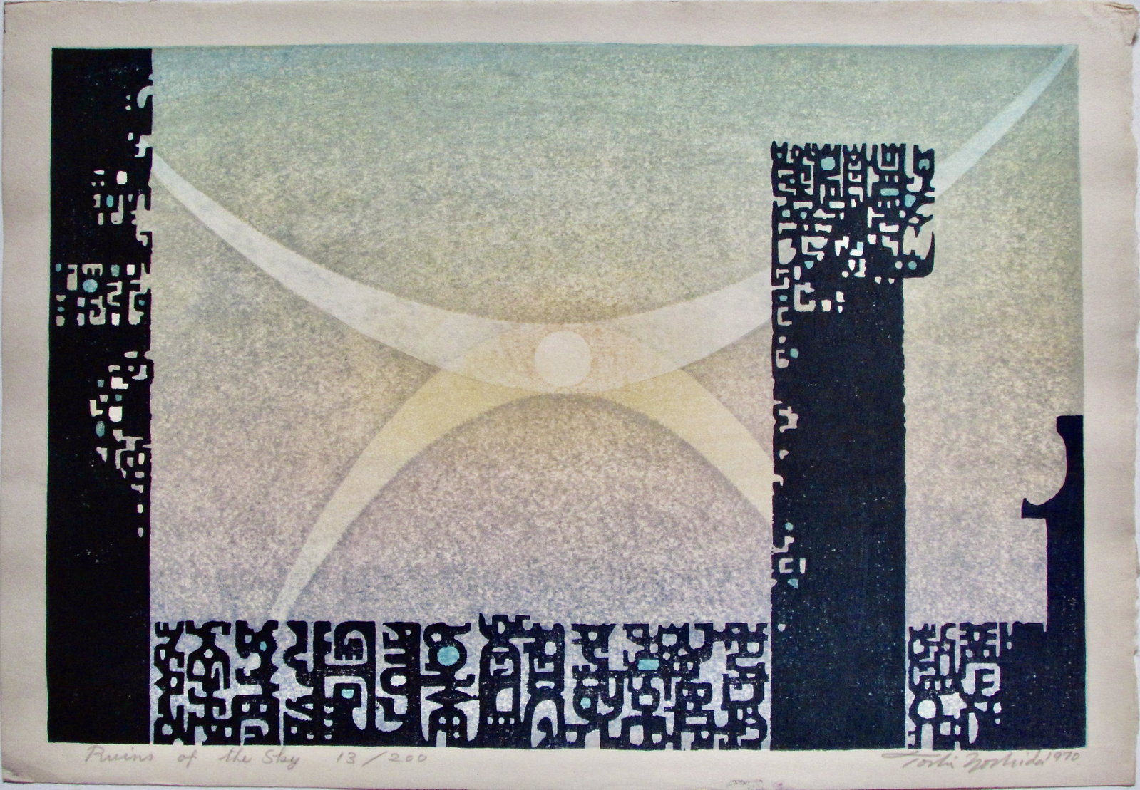 Toshi Yoshida: Ruins on the Sky: Artist: Toshi YOSHIDA (1911-1995) Subject: Ruins on the Sky Publisher: Self, limited edition 13/200 Signature: Toshi Yoshida in pencil Date: 1970 Format: dai-ôban, 40.4 x 27.8 cm Condition: Fine 