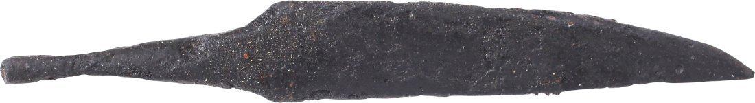 VIKING POUCH KNIFE, 9th-11th CENTURY.: 3 1/8" total length. Made for slashing. Rounded back with curved point in the scramseax fashion. Whittle tang, to secure it to the wood, bone, or antler grip, now perished. (See https://leatherworking