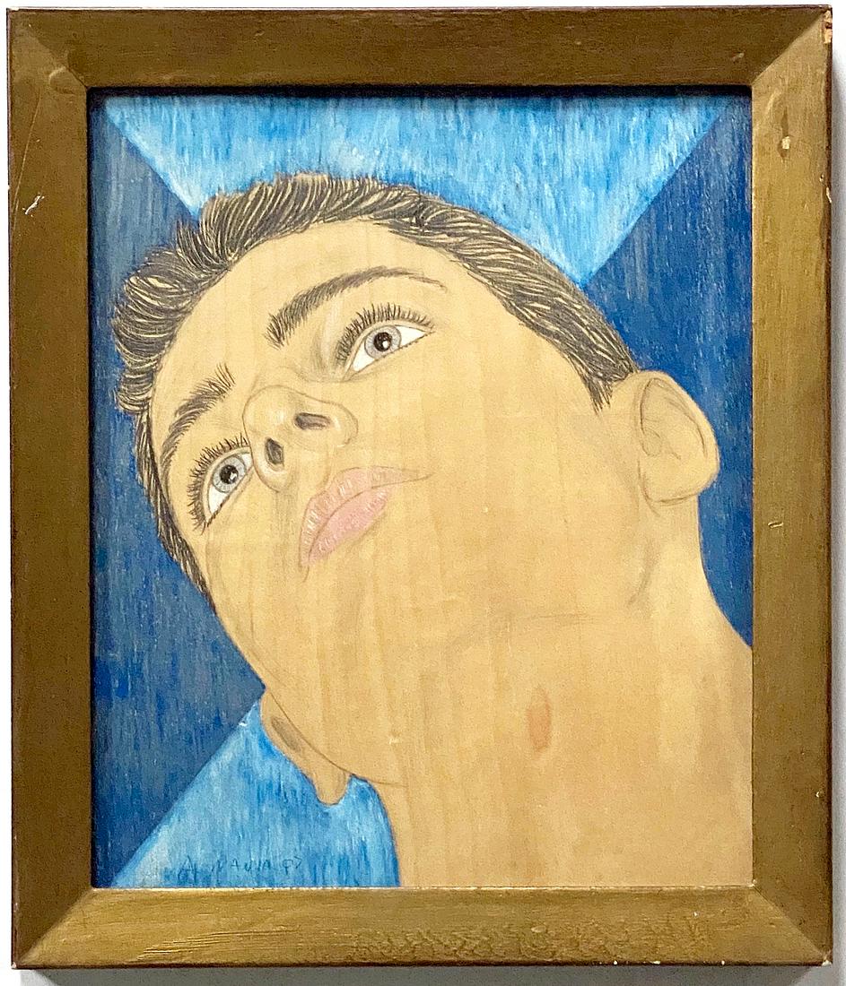 Andrew Mania: Untitled 2007: Mixed media on woodveneer in artists frame. Measures 13 3/4" x 11 3/4". Portrait On Wood Veneer In Found Artist Frame Reserve: $1,000.00 Shipping: Domestic: Flat-rate of $25.00 to anywhere within the