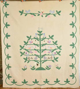 Folky 30's Tree Applique Quilt, Birds & Flowers: 30's cotton tree quilt, all hand appliqued and hand quilted, with flowers, pears, birds, and butterflies. It measures 82" X 94" and is in very good condition, with the occasional small spot and no