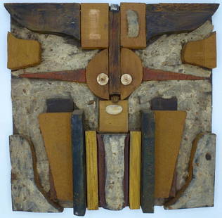 Folk Art sculptural face (alien?) from found objects: Title: Folk Art sculptural face (alien?) from found objects Additional Information: This is an unusual and interesting sculptural plaque of a face - perhaps a space alien. It is made from found