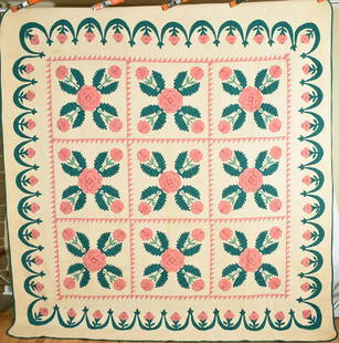 Large 40's "Oriental Rose" Applique Quilt: 30's/40's cotton "Oriental rose" quilt, all hand pieced, hand appliqued, and hand quilted, with unusual reverse applique and sawtooth and scalloped borders. It measures 92" X 102" and is in excellent