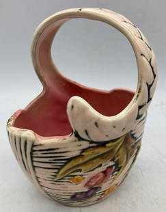 VINTAGE HULL POTTERY BLOSSOM FLITE 6" HANDLED BASKET PINK BLACK FLORAL T2: Title: VINTAGE HULL POTTERY BLOSSOM FLITE 6" HANDLED BASKET PINK BLACK FLORAL T2Date/Period: 1955Dimension: 6" in height, 4 1/2" wide, and 3 1/2" front to backMaterials: ceramicAdditional