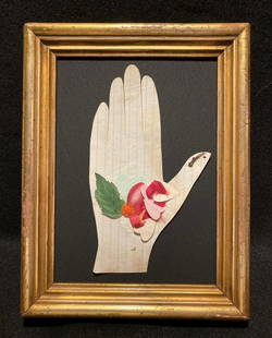 1800’s Hearts and Hand.: All original. It was found in a bible in the Albany, NY area. Cut paper hand with slits that hold 6 cut paper hearts strung with red silk ribbon. The yellow heart is mostly hidden under the little