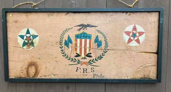 19thc pine Philadelphia sea chest lid with bold sailors folk art painting: The black pine molding has been added for a framed finish. Otherwise all original. Well used condition. 16” x 34 1/4”. Shipping:Domestic: Flat-rate of $125.00 to anywhere within the