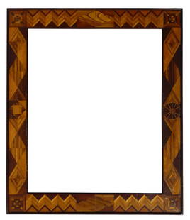 Very intricate and finely made marquetry frame with mirror: This is a very intricate and finely made marquetry frame. It has a mirror in it, and wires on the back so that it can hang vertically or horizontally. The size is 20 1/4" by 17 1/4" by 1" deep, with