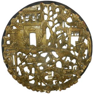 Antique Pair Hand Carved Wooden Temple Medallion Panels with Multi-Layered Scene Depicting Warriors,: Antique Pair of Hand Carved Wooden Temple Medallion Panels Has a Multi-Layered Scene Depicting Warriors, Domestic and Spiritual Life of an Emperor. All wood is done in gold gilt with black & red