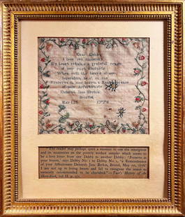 Charming Ladybug / Love Letter sampler dated May 1st 1778: Young Deborah Jane Berkin must have been away at school and missing her dear friend Debby, in early spring (May Day) of 1778, when she stitched this charming sampler. One can imagine Deborah and