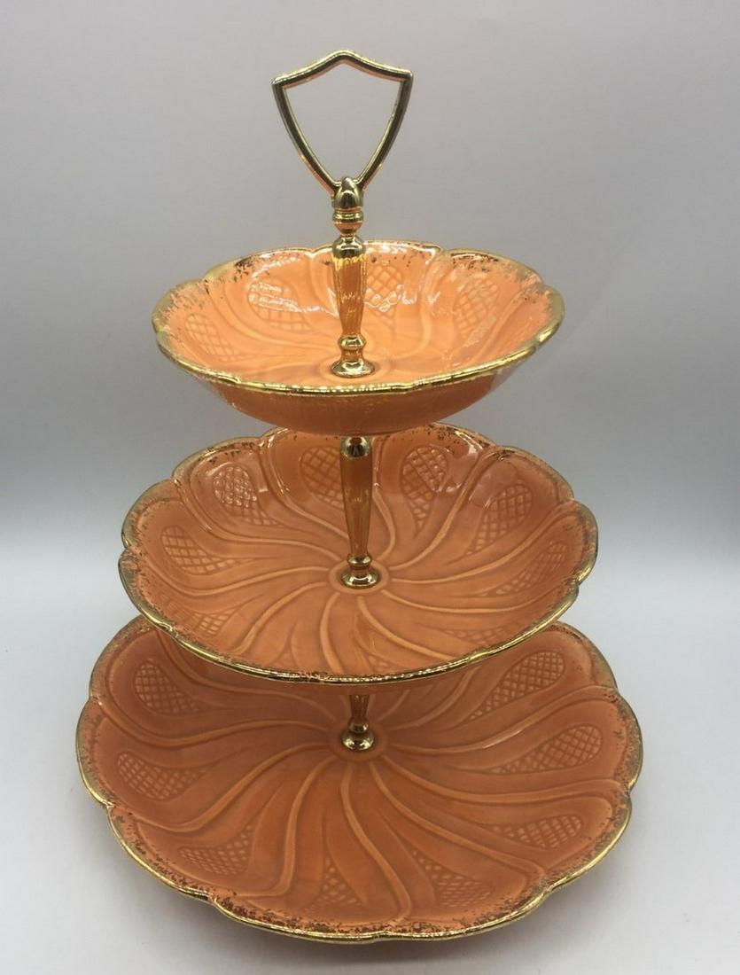 VINTAGE CALIFORNIA POTTERY USA CORAL PINK & GOLD 3 TIER Tidbit (1 of 5)