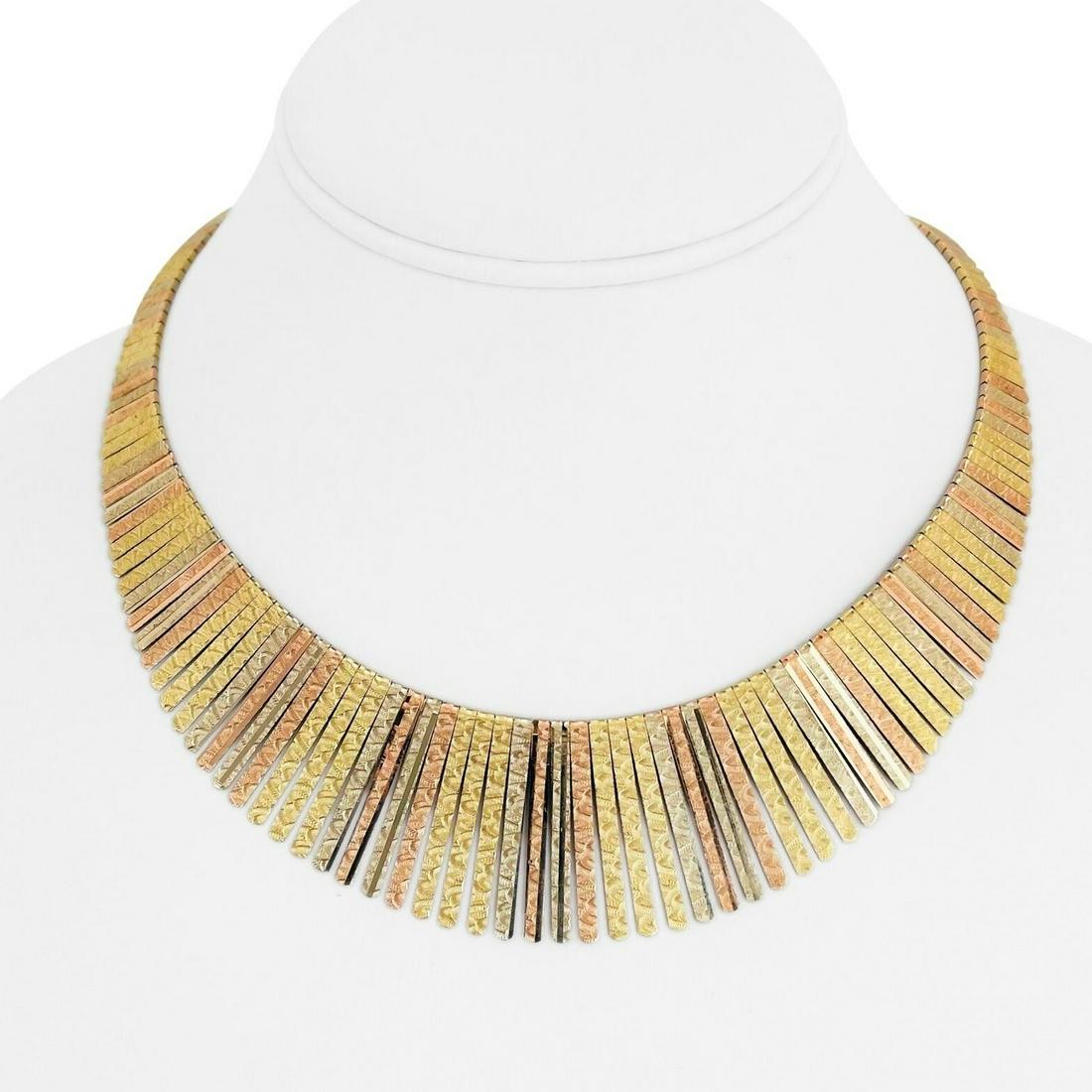 14k Yellow White Rose Gold 40g Graduated Fancy Drop Collar Necklace Italy 15.5": Condition: Excellent Condition, Professionally Cleaned and Polished Metal: 14k Gold (Marked, and Professionally Tested) Weight: 40.4g Length: 15.5 Inches Width: 30mm at widest, 5mm at narrowest Closur