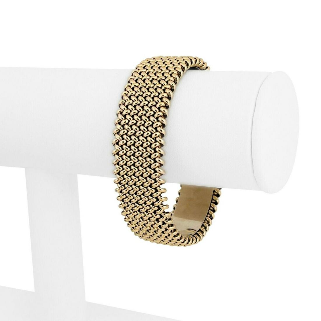 14k Yellow and White Gold 43.5g Ladies 19mm Mesh Flex Cuff Bracelet Italy 6.5" (1 of 6)