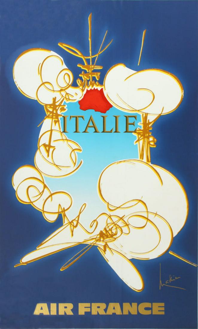 Georges Mathieu - Air France: Italie - 1971 Offset Lithograph 39.25" x 23.5": Air France: Italie by Georges Mathieu, 1971 Unsigned Offset Lithograph. Paper size is 39.25 x 23.5 inches, with an image size of 39.25 x 23.5 inches. The Offset Lithograph is from an unknown edition s