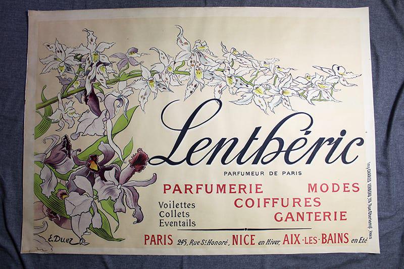 Lentberic Parfumerie - Art by Ernest Ange Duez (1890's) 39.125" x 55.625" French Advertising Poster: Lentberic Parfumerie - Art by Ernest Ange Duez (1890's) 39.125" x 55.625" French Advertising Poster LB Condition: VG Reserve: $489.00 Shipping: Domestic: Flat-rate of $64.00 to anywhere within the con