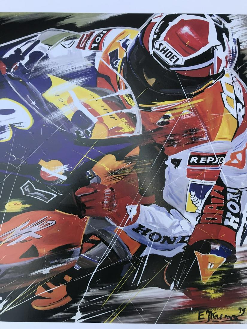 Lithography - Eric Jan Kremer - Alex Crivillé - Honda NSR500 #3 - 1 of 250: Artist: Eric Jan Kremer Title: Alex Crivillé with a Honda type NSR500 V4. Race number: 3. Year: 2000. Type: Lithography Dimensions: 59 centimeters long and 49 centimeters high. Limited edition 1 