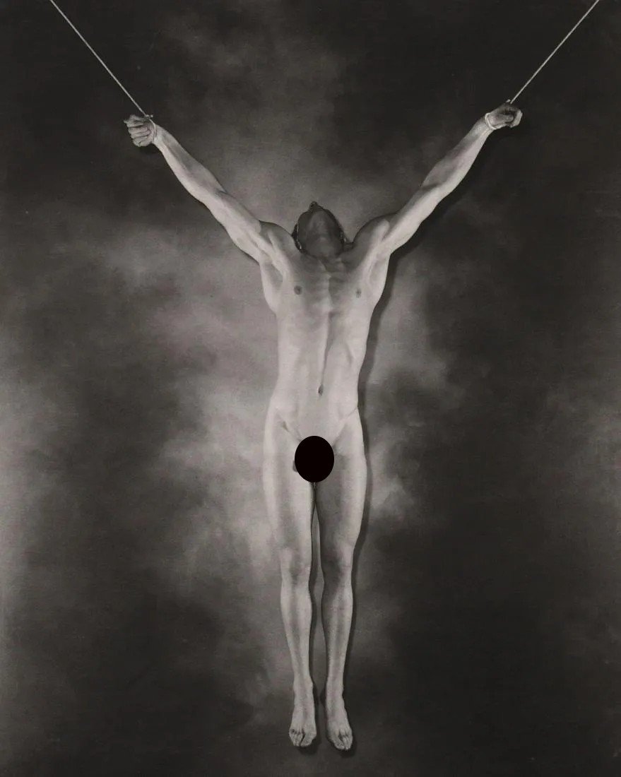 GEORGE PLATT LYNES - Male Nude, hanging, 1940: Artist: GEORGE PLATT LYNES Print Title: Male Nude, hanging, 1940 Medium: Medium: Duotone Photolithograph Printing Date: 1990â€™s Printed in Germany Image Size approx: 8.5 X 7” George Platt 