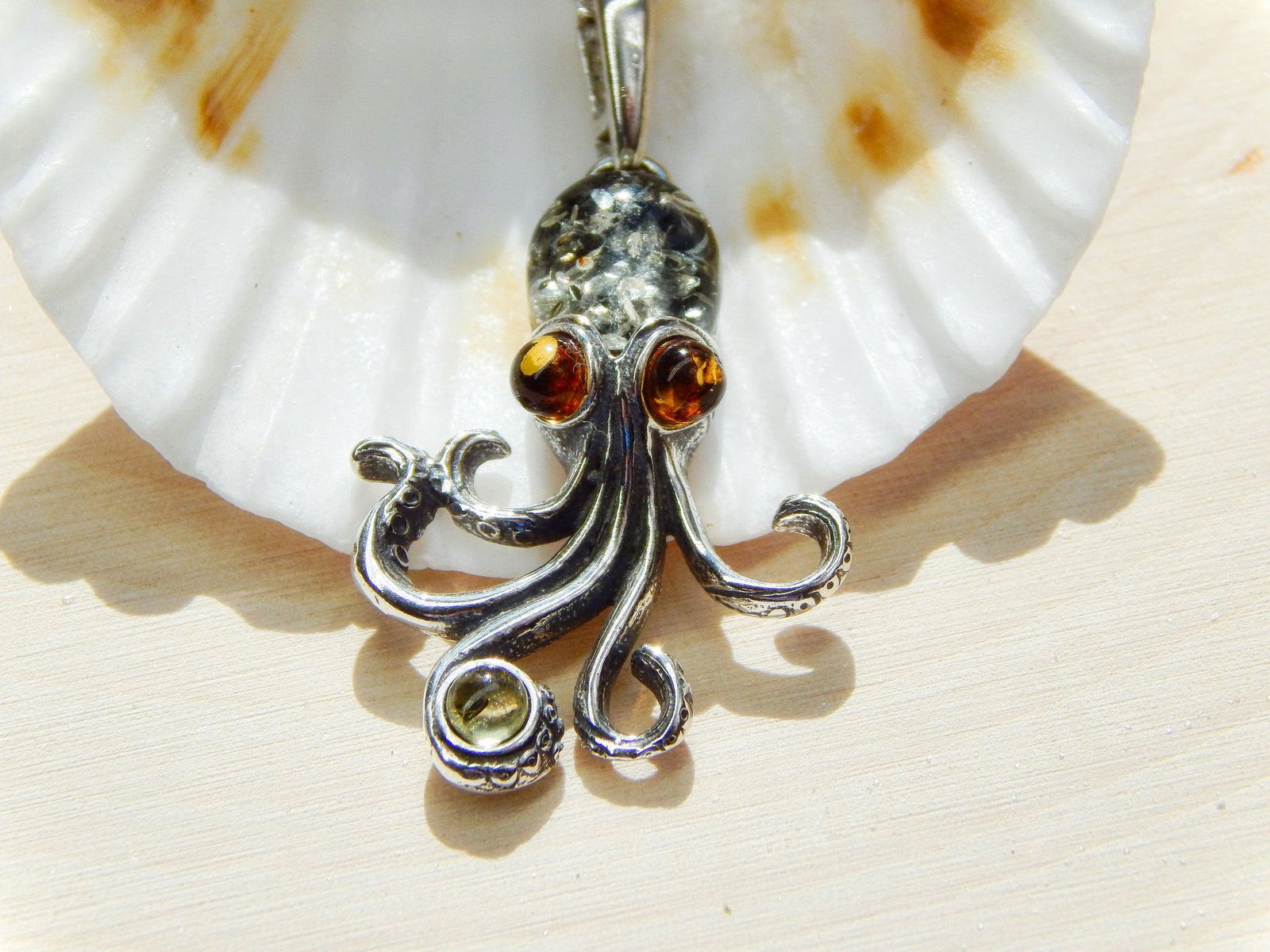Natural Baltic Multicolor Amber Octopus Pendant Necklace in 925 Silver (1 of 3)