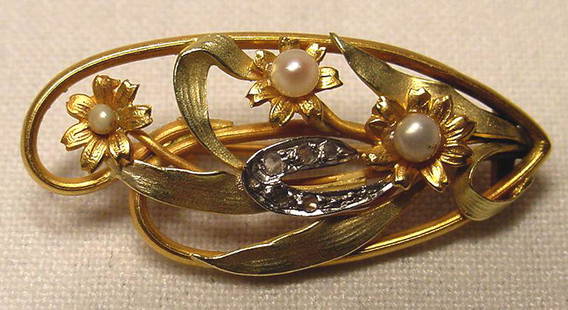Art Nouveau Diamond Pearl 18K Flower Brooch: Title: Art Nouveau Diamond Pearl 18K Flower Brooch Additional Information: Beautiful antique Art Nouveau 18K gold diamond and pearl flower brooch. There are 5 rose cut diamonds set in platinum
