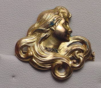 Art Nouveau Gold Appolied Ladies Portrait Pin: Title: Art Nouveau Gold Appolied Ladies Portrait Pin Additional Information: Antique Art Nouveau Fix (Gold Applied) ladies portrait pin. It looks like there were 4 old rose cut diamonds at her neck.
