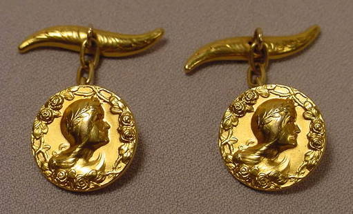 Antique 18K Art Nouveau Lady's Face Cufflinks: Title: Antique 18K Art Nouveau Lady's Face Cufflinks Additional Information: Rare and beautifully designed antique Art Nouveau 18K gold cufflinks designed with a high relief lady's portrait wearing a